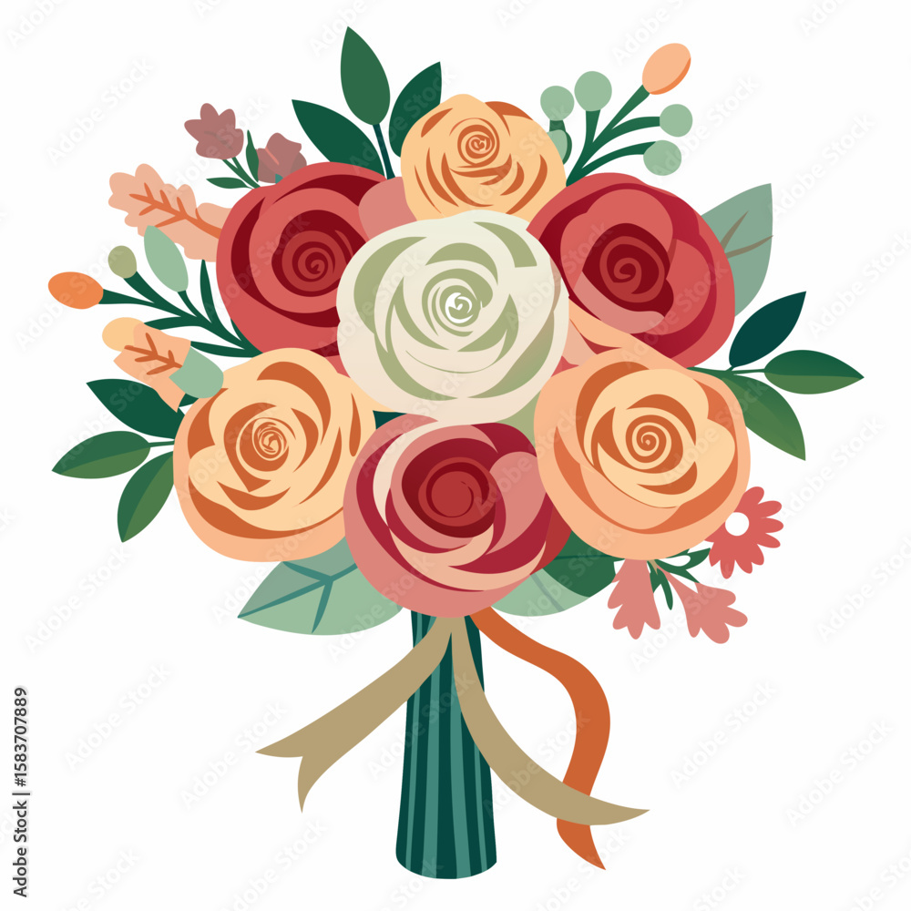 Fototapeta premium Beautiful bouquet of roses and greenery isolated on white background