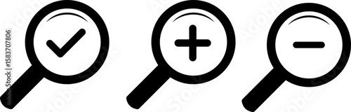  Search icon set. zoom in and zoom out icons. magnifier with plus and minus. Magnifier or loup with check mark signs. search and investigation symbol
