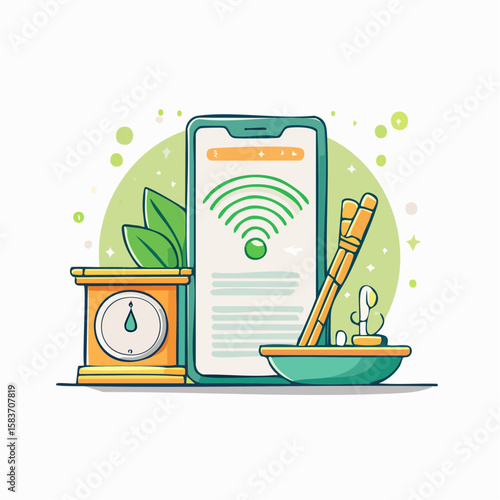 This whimsical design features a phone with a WiFi signal, a scale, and a bowl with chopsticks, creating a balanced composition.