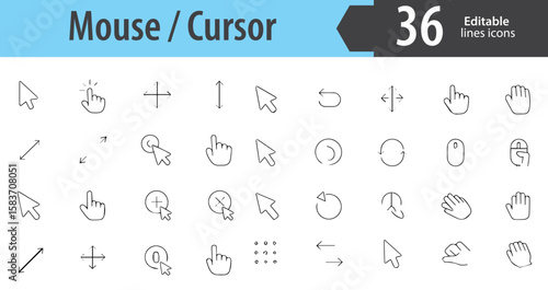 Mouse Cursor Line Icons, Arrow, Hand Pointer, Text Selector, Click, Crosshair, Editable Formats: AI, EPS, PNG, Ideal for Both UI and Print Media Use
