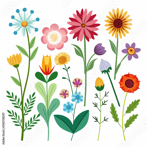 Collection of colorful stylized flowers and plants isolated on white background