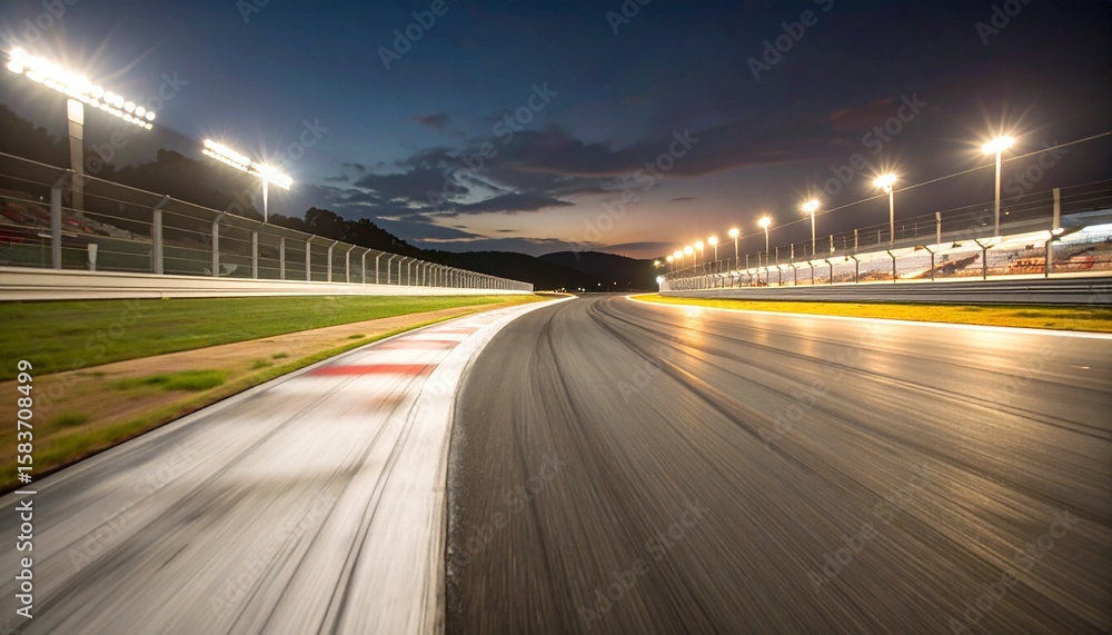 Obraz premium Asphalt surface racing track corner in night motion blur