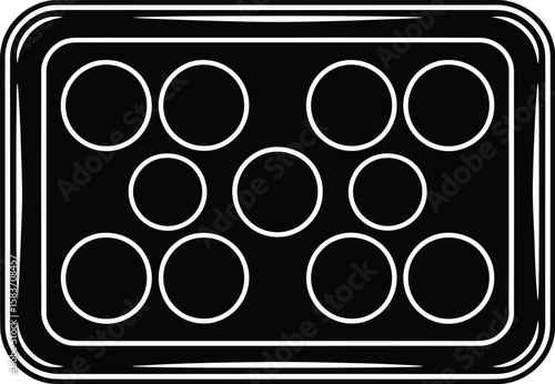 Black and white illustration of a muffin tin with twelve circular cups