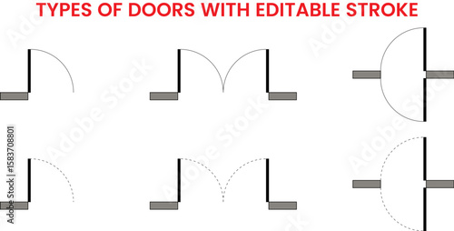 Types of doors icon set, Architectural elements, blueprint, interior design, customizable stroke, vector, illustration