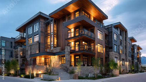 Luxury modern apartment building at dusk with illuminated exterior design