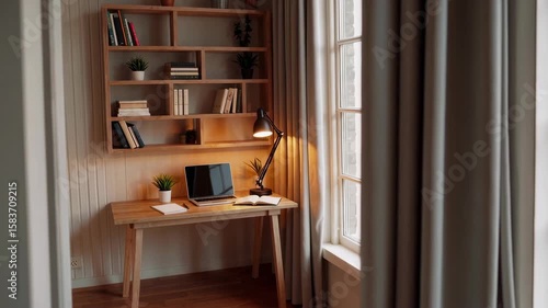 Home Office Haven: Warm interior workspace features laptop on a wooden desk, bookshelf, glowing lamp, and grey curtains create inviting home office scene.