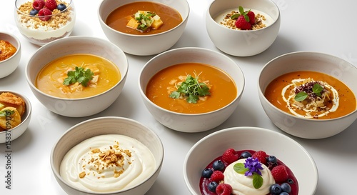 Soup and Dessert food menu Variety, A Culinary Delight on white background