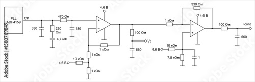 Schematic diagram of electronic device on paper sheet. Vector drawing electrical circuit with operational amplifier,
resistor, capacitor, integrated circuit, logical element,
other components.