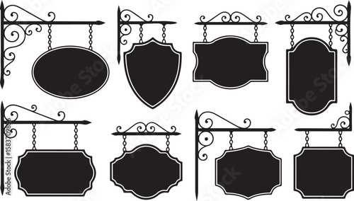 Collection of ornate hanging sign silhouettes, vintage shop signs with scrollwork and frames for cafes, boutiques, restaurants, and signage design