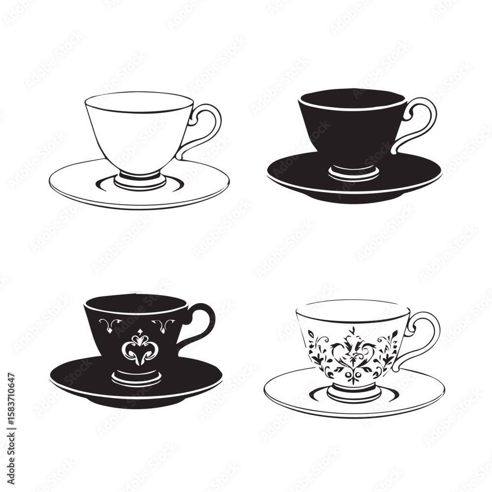 Collection of four elegant teacups and saucers in black and white line art style Collection of four elegant teacups and saucers in black and white line art style