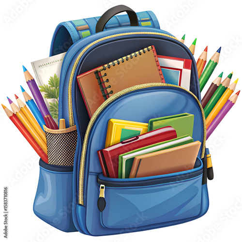 Full blue backpack filled with school supplies. Colorful pencils. notebooks. and books are neatly organized within the backpack.