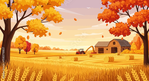 Autumnal wheat field with hay bales and barn