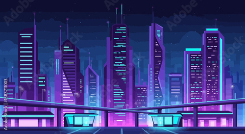 Futuristic cityscape neon night