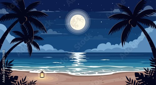 Tropical night beach scene under full moon
