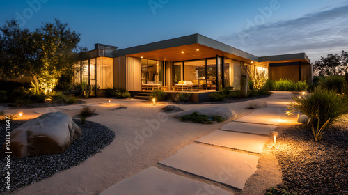 Modern luxury home illuminated at dusk with a serene desert landscape and pathway lights