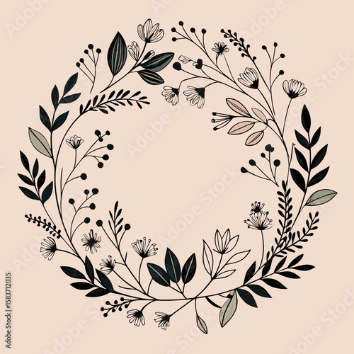 Delicate Black and White Floral Wreath Design