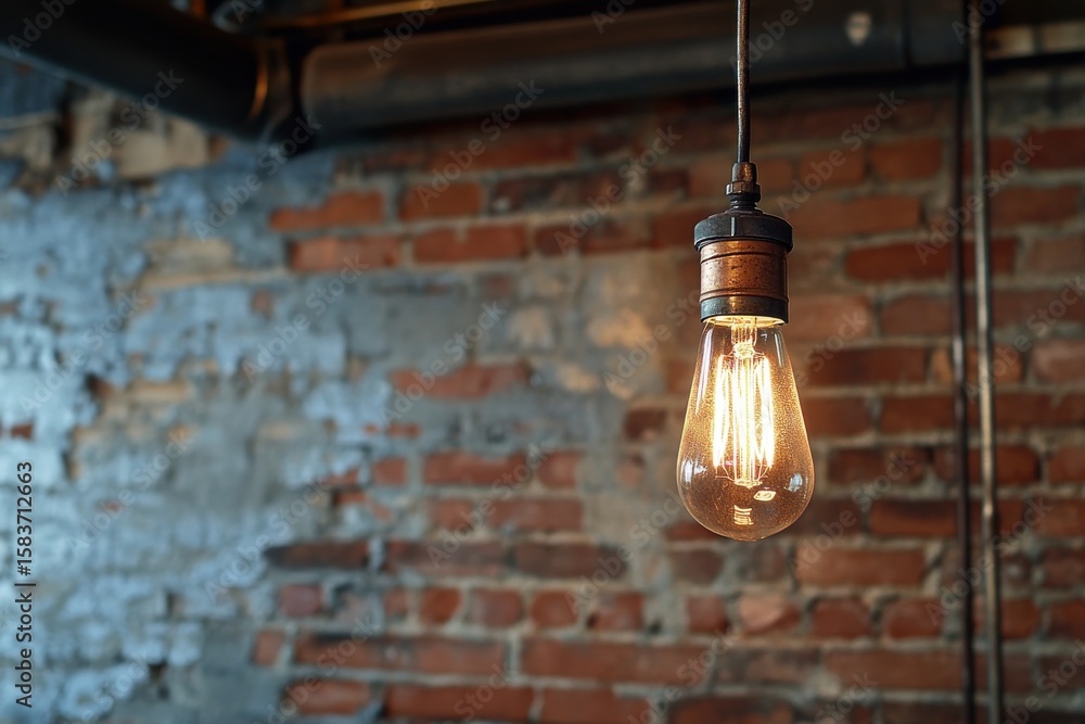 Obraz premium Rustic Edison bulb illuminating a textured brick wall in a cozy industrial space