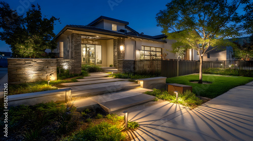 Stunning Night View of a Modern Home with Stylish Exterior Lighting and Landscaping