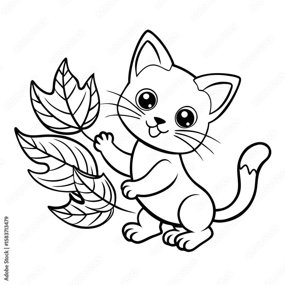 Obraz premium Kitten Playing with Falling Leaves Coloring Page