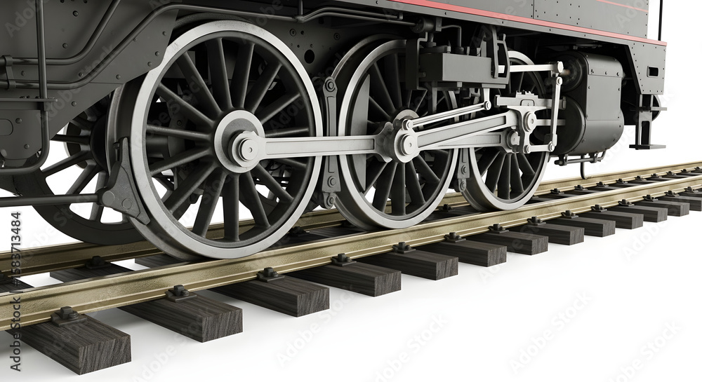 Fototapeta premium Closeup view of a vintage steam locomotives large driving wheels on railroad tracks