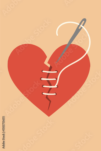 Flat vector broken heart being stitched by a thread and needle, visual for emotional recovery
