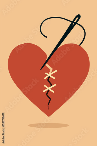 Flat vector broken heart being stitched by a thread and needle, visual for emotional recovery