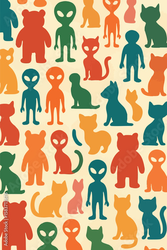 Flat vector cartoon character silhouettes (bears, aliens, cats) repeated as pattern in funky layout
