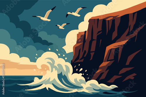 Flat vector dramatic cliffside with ocean crashing at base and seagulls in sky