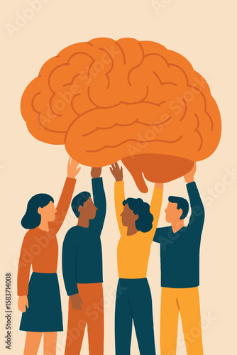 Flat vector group of people holding up giant brain together, symbol of collective awareness and support
