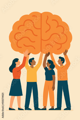 Flat vector group of people holding up giant brain together, symbol of collective awareness and support