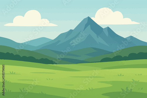 Flat vector highland landscape with simple grassland and mountain ridge in distance