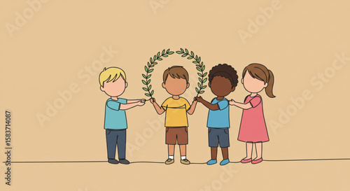 Four children holding a laurel wreath symbolizing peace day  