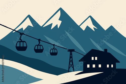 Flat vector mountain range with ski lift, snowcaps and chalet silhouettes