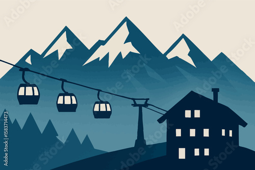 Flat vector mountain range with ski lift, snowcaps and chalet silhouettes