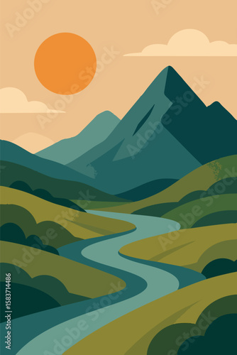 Flat vector mountain scene with flat stylized sun, rolling hills and river valley