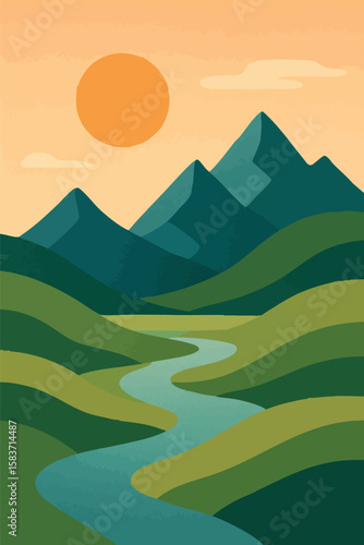 Flat vector mountain scene with flat stylized sun, rolling hills and river valley