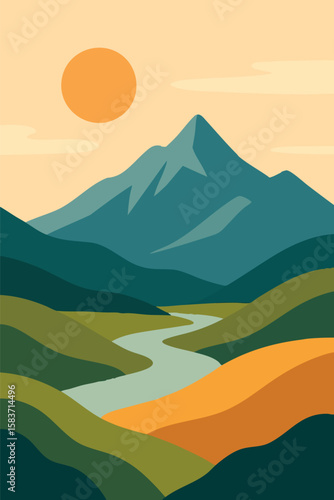 Flat vector mountain scene with flat stylized sun, rolling hills and river valley