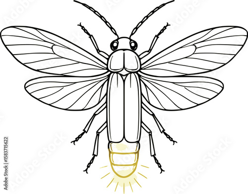 Line art vector of firefly with glowing abdomen lines, wings extended, isolated on white
