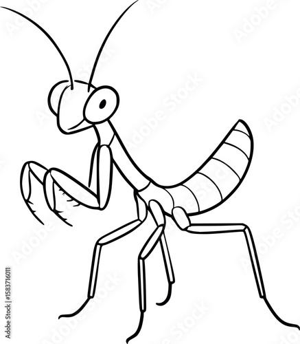 Line art vector of praying mantis nymph with tiny limbs and upright stance, isolated on white