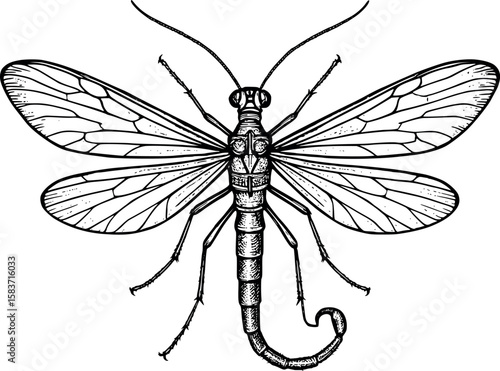 Line art vector of scorpionfly with downward-pointing mouthpart and wide wings, vintage insect art, isolated on white