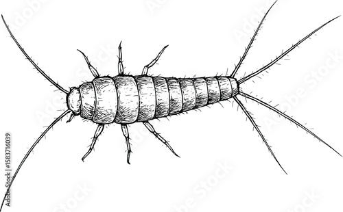 Line art vector of silverfish with long bristles and flat segmented body, scratchy lines, isolated on white