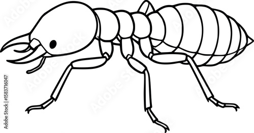 Line art vector of termite in crawling pose with segmented thorax and abdomen, isolated on white
