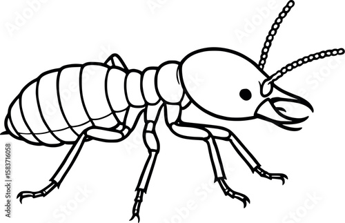 Line art vector of termite in crawling pose with segmented thorax and abdomen, isolated on white