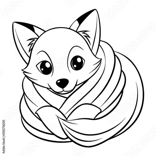 Baby Fox Curled Up in a Blanket Coloring Page