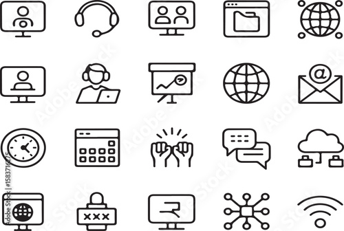 Black and white line icons illustrating modern technology and communication concepts