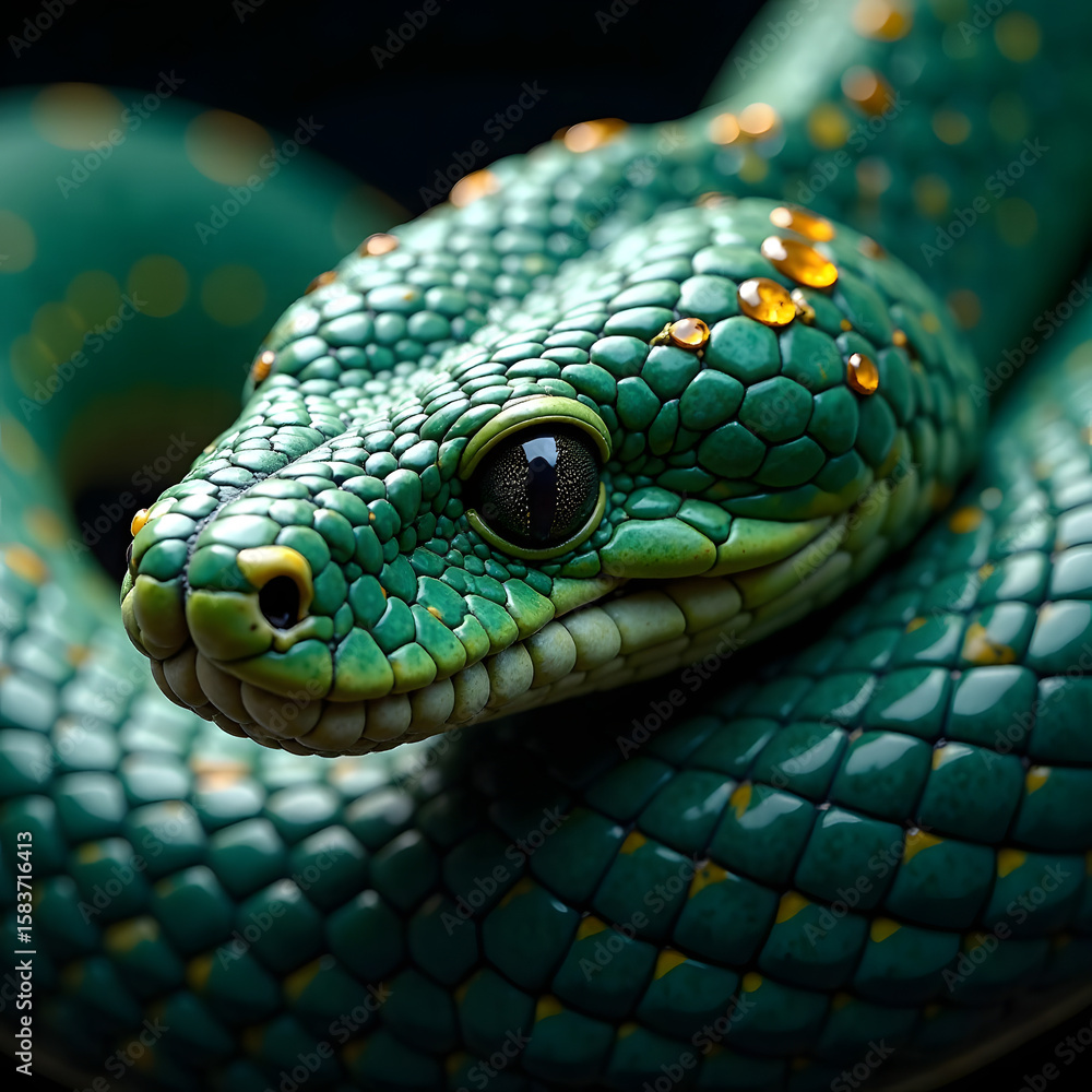 Fototapeta premium Close-up of vibrant green snake with shiny scales on dark background.