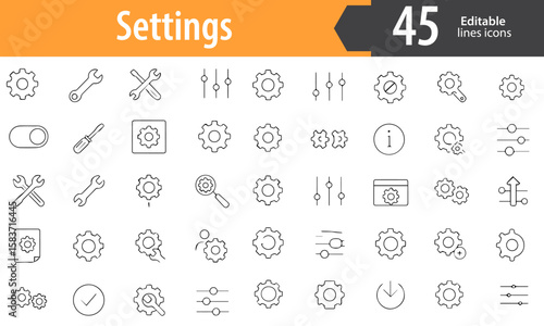 Settings Line Icons, Gear, Wrench, Slider, System Preferences, Configuration, Editable Formats: AI, EPS, PNG, Ideal for Both UI and Print Media Use
