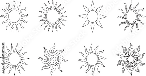 Collection of eight unique black and white sun vector illustrations for design elements