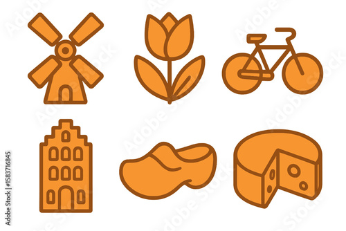Dutch icons in light and dark orange shades: windmill, tulip, bicycle, canal house, wooden shoe, cheese. Flat cartoon style on transparent.