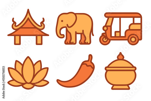 simple Thailand culture set with temple, elephant, tuk tuk, lotus, chili, bowl in orange tones on transparent background.